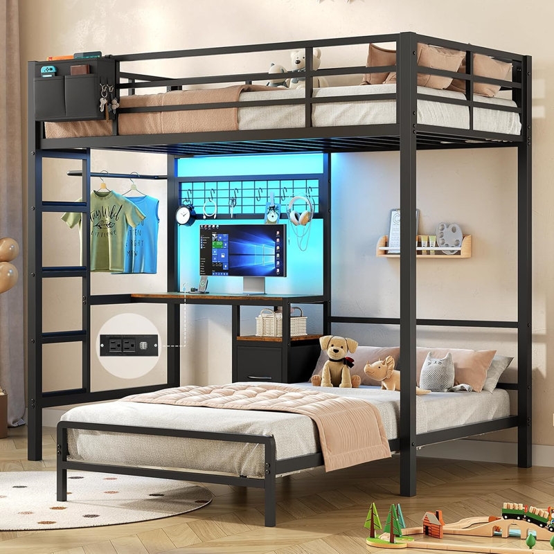 Bunk Bed L-Shaped Black Metal Frame with Desk and LED Lights