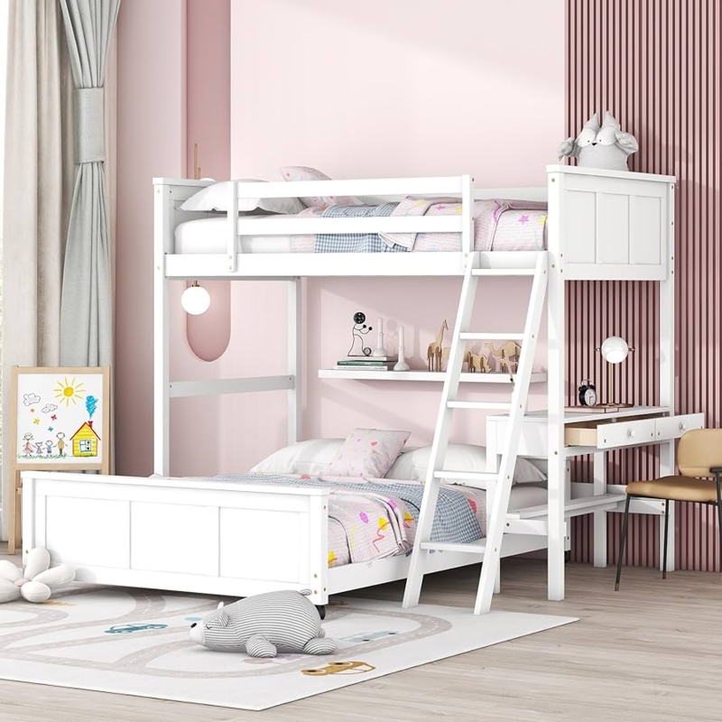 Bunk Bed L-Shaped Wood Twin Over Full Integrated Desk And Drawers