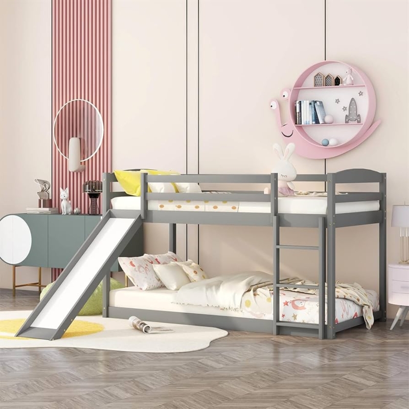 Bunk Bed, Light Gray Floor Level Bunk, Modern Nursery Bunk Bed Layout