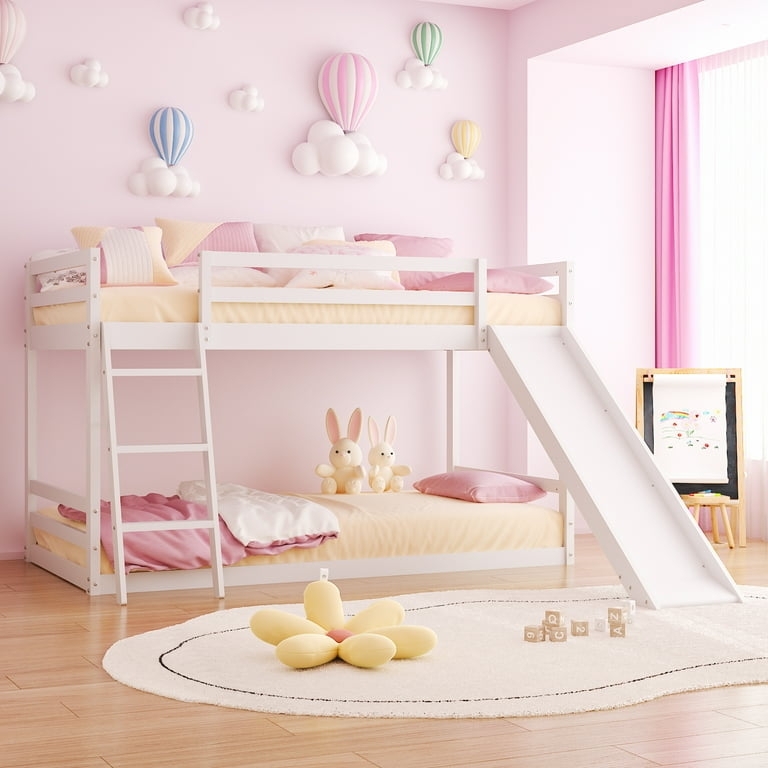 Bunk Bed Low Floor White Twin Over Twin Slide Storage Cubby Stairs