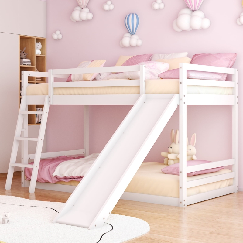 Bunk Bed, Modern White Low Floor Design for Kids, Twin Over Twin Bunk