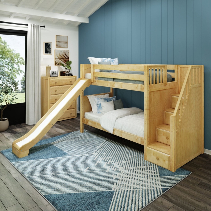 Bunk Bed, Natural Wood Finish with Stairs, Twin XL Bunk with Slide