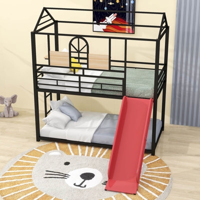 Bunk Bed, Red Metal House Frame with Stairs, Vibrant Kids Furniture Styling