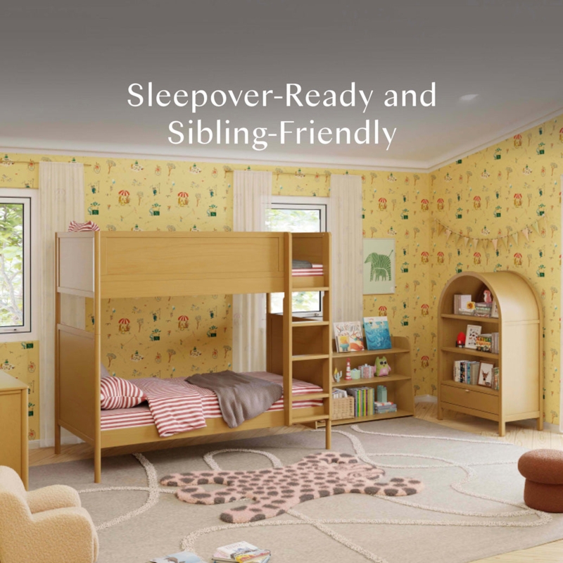 Bunk Bed Rounded Corners Honey Finish Natural Wood Scandinavian