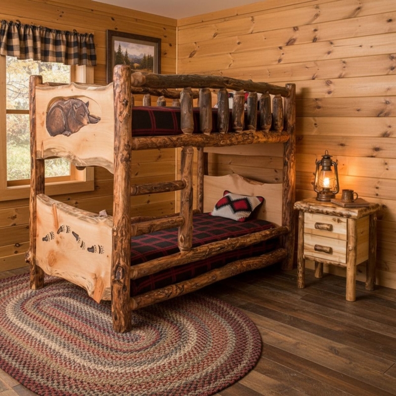 Bunk Bed Rustic Log Construction with Carved Wildlife Scenes