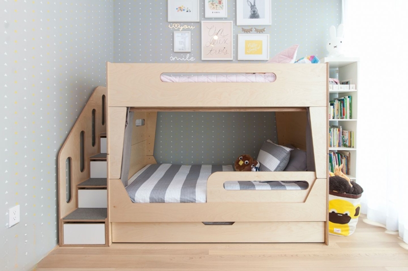 Bunk Bed Scandinavian Birch with Storage Stairs & Removable Rail