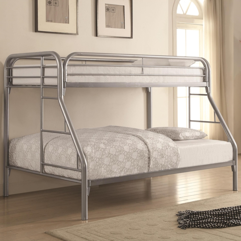 Bunk Bed Silver Metal Twin Over Full with Side Ladders, Modern Style