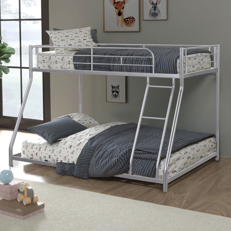 Bunk Bed Twin over Full Grey Metal Geometric Grid Pattern Frame