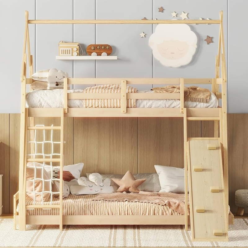 Bunk Bed Twin over Queen House Floor Frame, Montessori Style