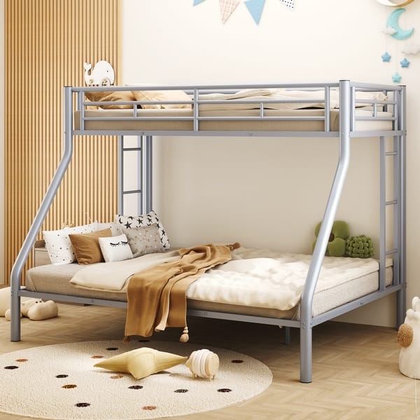 Bunk Bed Twin XL over Queen Grey Metal Dual Ladders Heavy Duty Frame