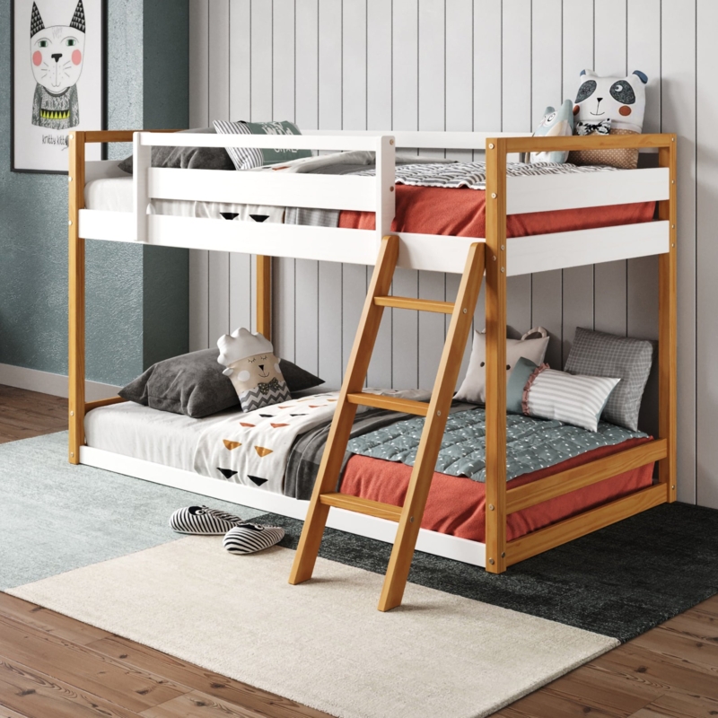 Bunk Bed Two-Tone White and Natural Wood Minimalist Frame