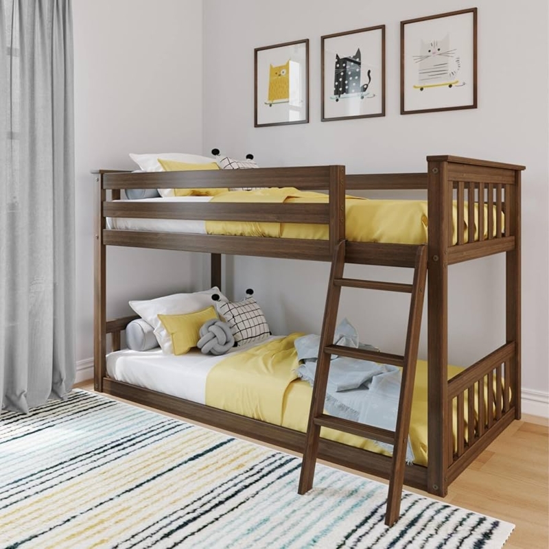 Bunk Bed Walnut Finish Low Profile Design Integrated Ladder Kids Room