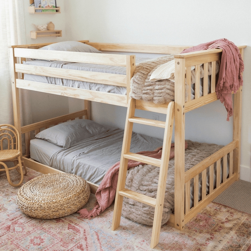 Bunk Bed Walnut Finish Low Profile Design Modern Wood Ladder