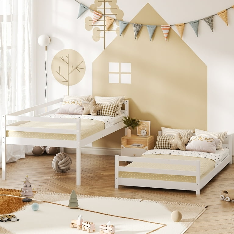Bunk Bed White Angled Ladder Low Floor Design Minimalist Kids Layout