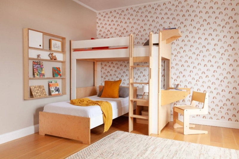 Bunk Bed White Birch Exposed Plywood Edges, L-Shaped Design
