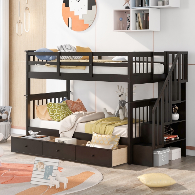 Bunk Bed White Built In Stairs Under Bed Storage Drawers Transitional