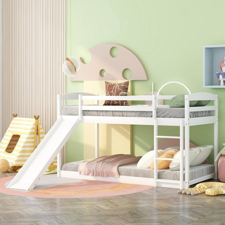 Bunk Bed, White Floor Bed Frame with Ladder, Space Saving Kids Floor Bed