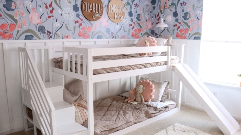 Bunk Bed, White Low Profile with Cubbies, Kids Bed with Storage Stairs