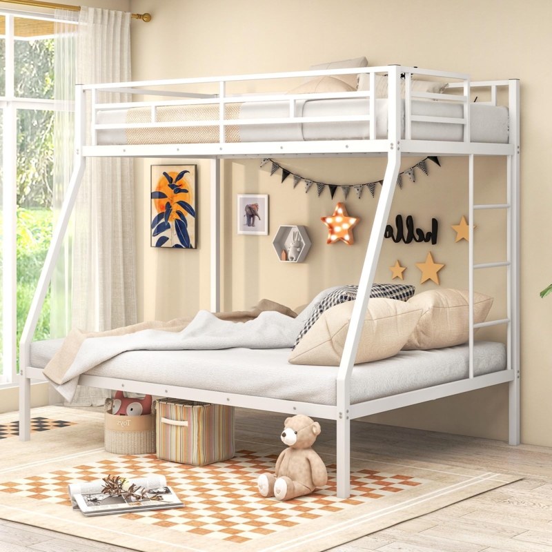 Bunk Bed White Metal Twin Over Full, Integrated Ladder Minimalist Frame