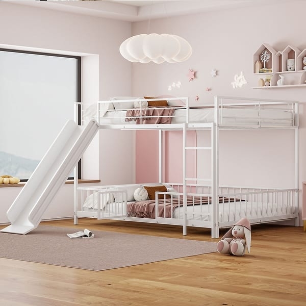 Bunk Bed White Metal with Integrated Slide & Vertical Ladder