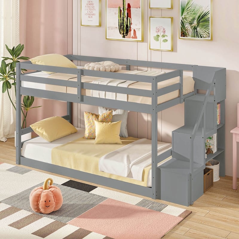 Bunk Bed White Storage Stairs Open Shelving Cubbies Low Floor Design