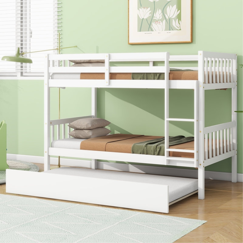 Bunk Bed White Twin Trundle Drawer Space-Saving Kids Sleepover Solution