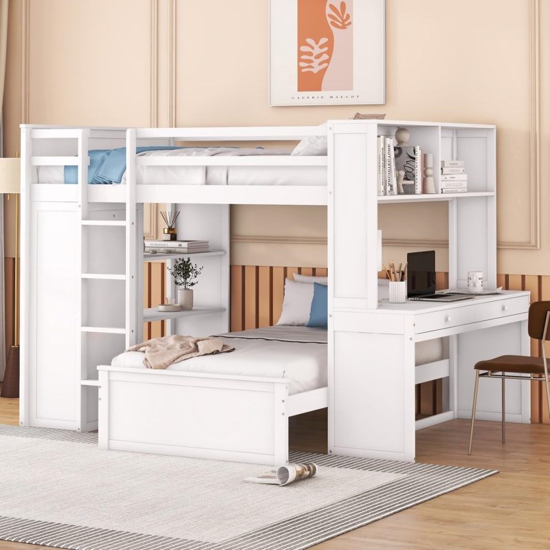 Bunk Bed White Wood Perpendicular Layout Integrated Wardrobe Drawers