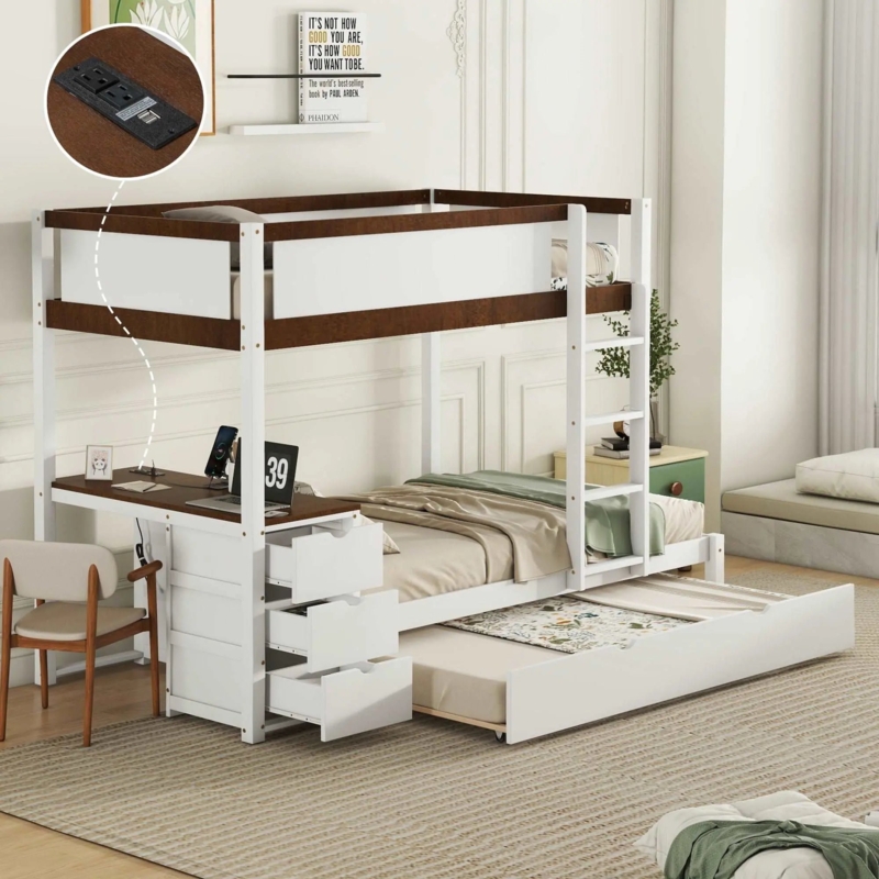 Bunk Bed White Wood Triple Tier Sleeping, Trundle Bed, Desk