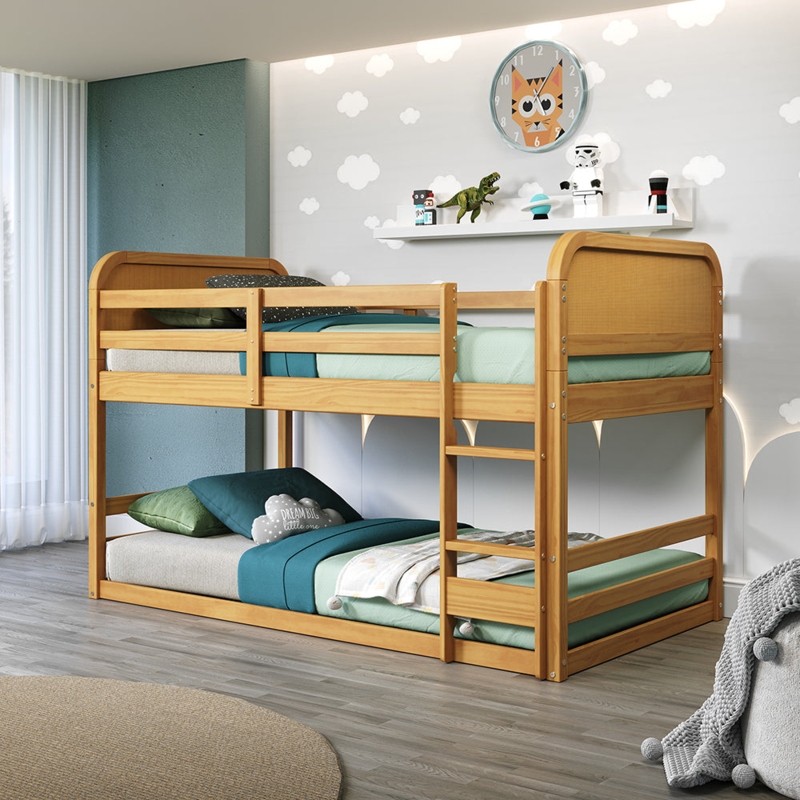 Bunk Bed with Arched Rattan Panels, Bohemian Style Wood