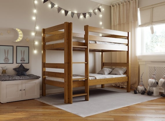 Bunk Bed with Attached Slide, Scandinavian Style Natural Wood Frame