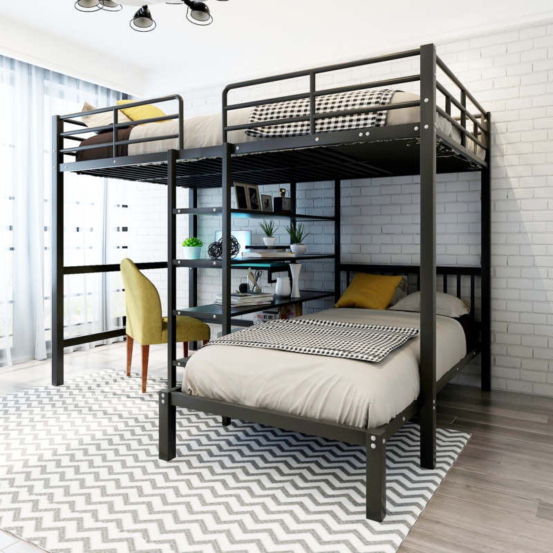 Bunk Bed with Built-In Desk Black Metal Full Over Twin Shelving