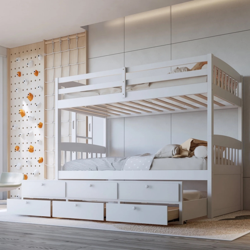 Bunk Bed with Built In Drawers, White Finish, Traditional Trundle