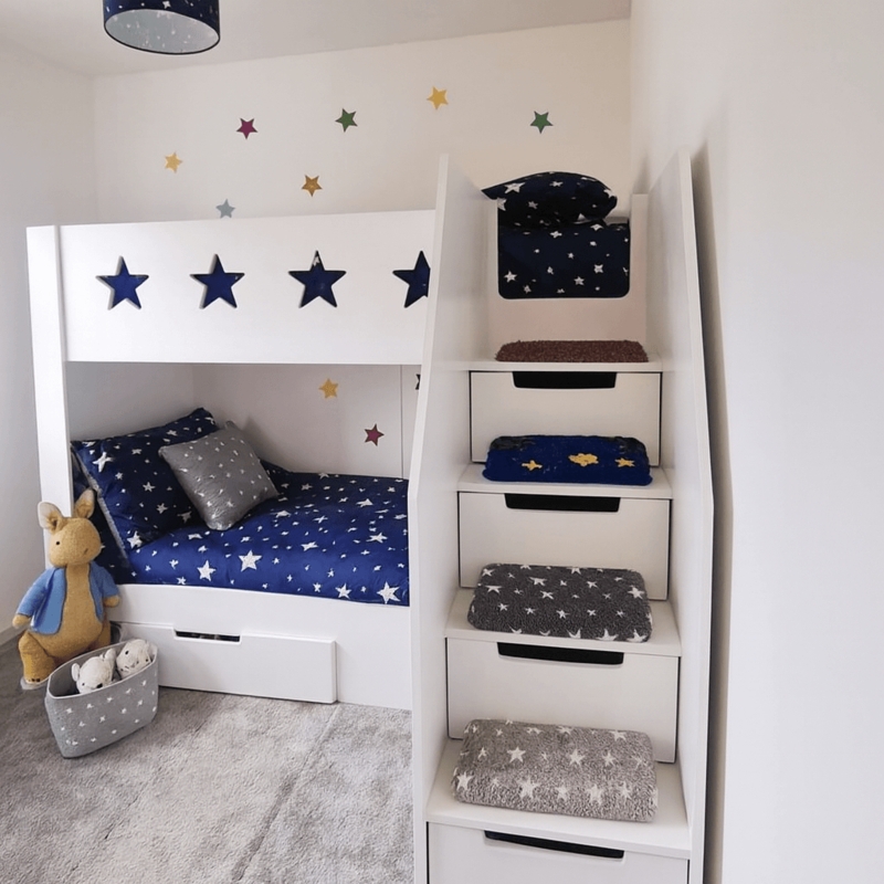 Bunk Bed with Front-Facing Stair Drawers in Natural Wood Finish