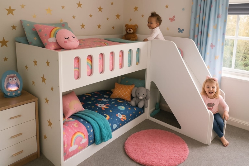 Bunk Bed With Front Stairs Natural Wood Finish Scandinavian Style