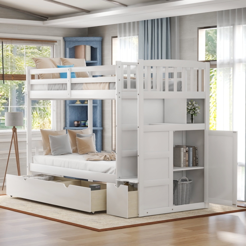 Bunk Bed with Integrated Storage Drawers Twin White