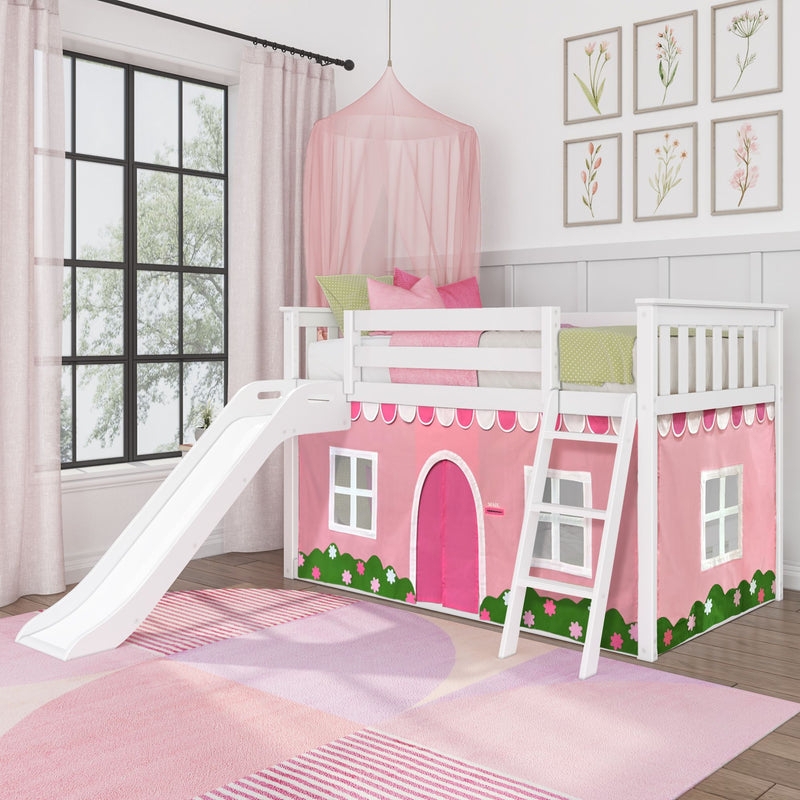 Bunk Bed with Slide, Low Profile Pink Farmhouse Curtains