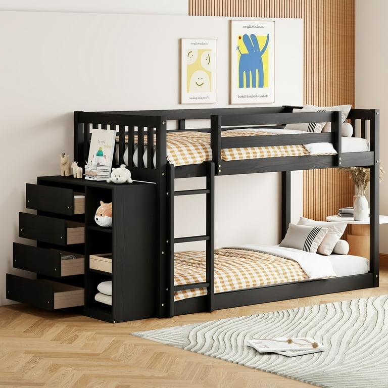 Bunk Bed with Staircase Storage and Integrated Shelving, Espresso
