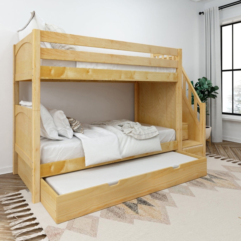 Bunk Bed with Stairs and Storage, Light Wood Scandinavian Style