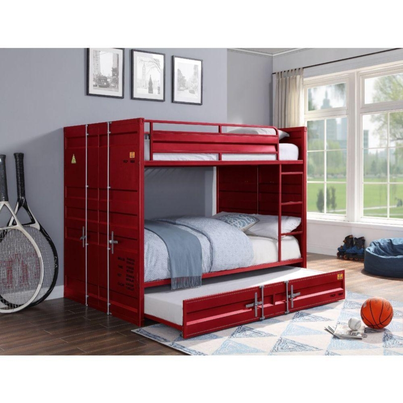 Bunk Bed With Trundle In Red Metal Cargo Container Style