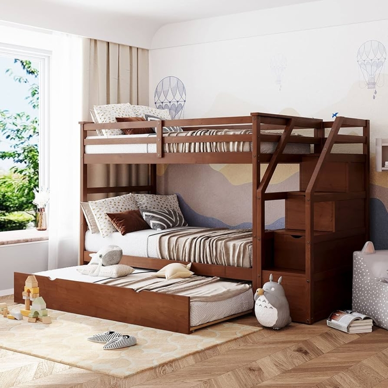 Bunk Bed with Trundle Storage, Walnut Finish, Integrated Drawers