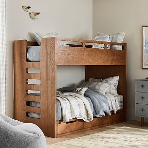 Bunk Bed Wood Toned Twin Over Twin Integrated Ladder Safety Rails