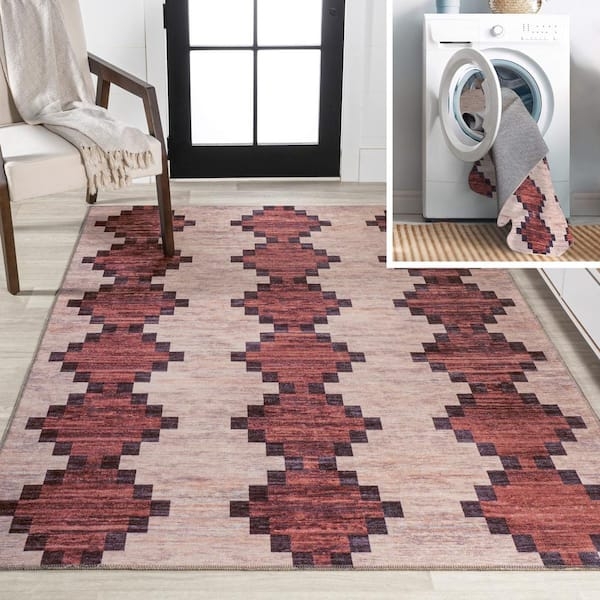 Burgundy Geometric Trellis Area Rug, Modern Kilim for Living Room