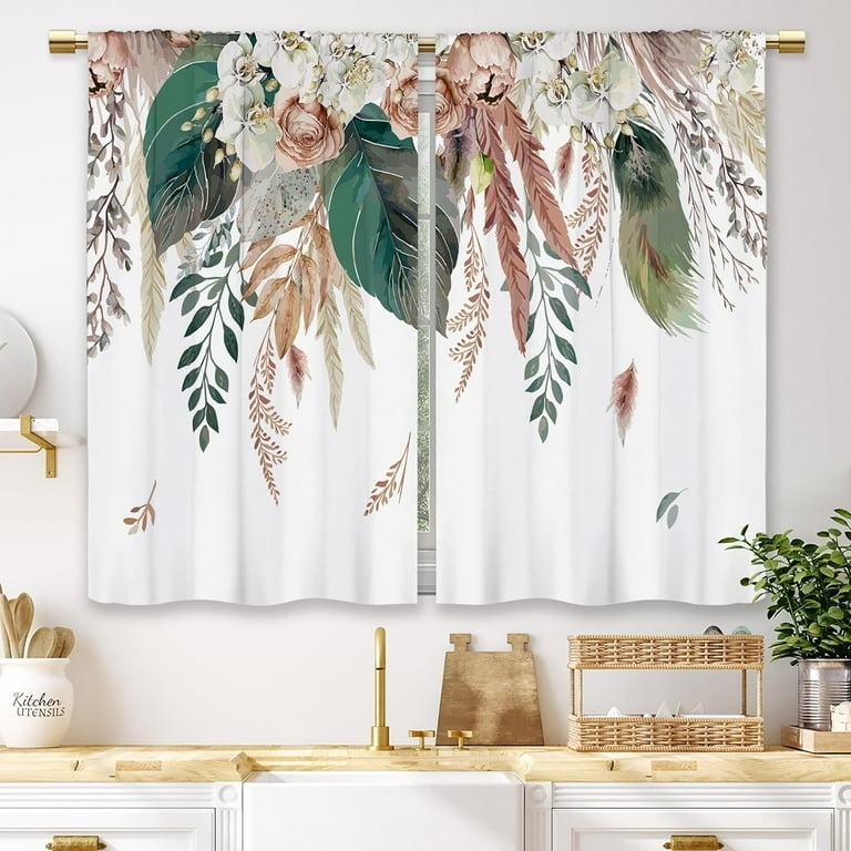 Cafe Curtains Pampas Grass Motif Boho Botanical Tier Length Rod Pocket