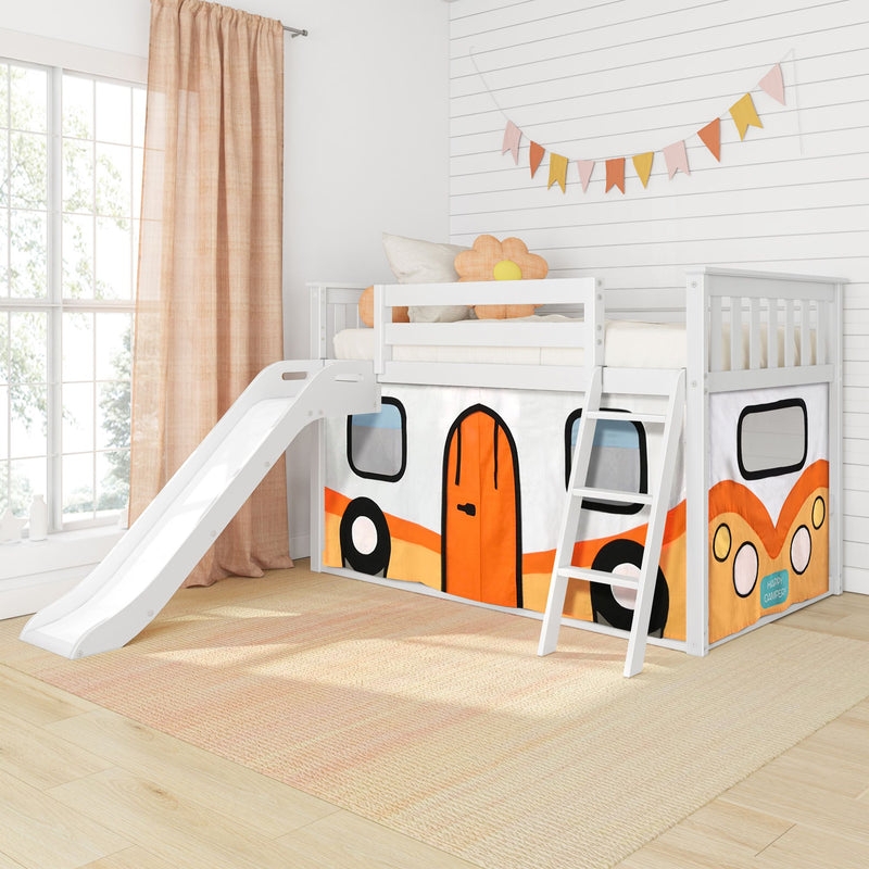 Camper Van Low Bunk Bed with Slide & Blue Curtains
