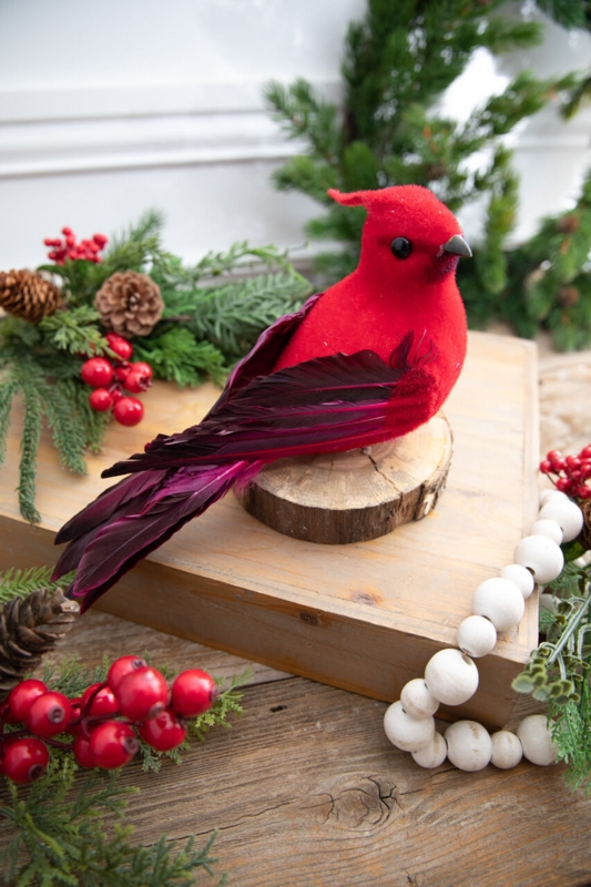 Cardinal Clip On Decoration with Velvet Body and Feather Tail, Red Bird