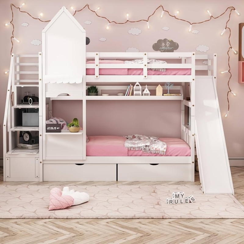 Castle Style Bunk Bed White Integrated Slide Staircase Storage