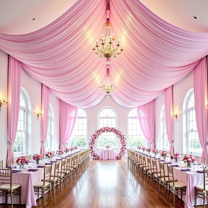 Ceiling Drapes with Starburst Layout, Pink Wedding Ceiling Draping