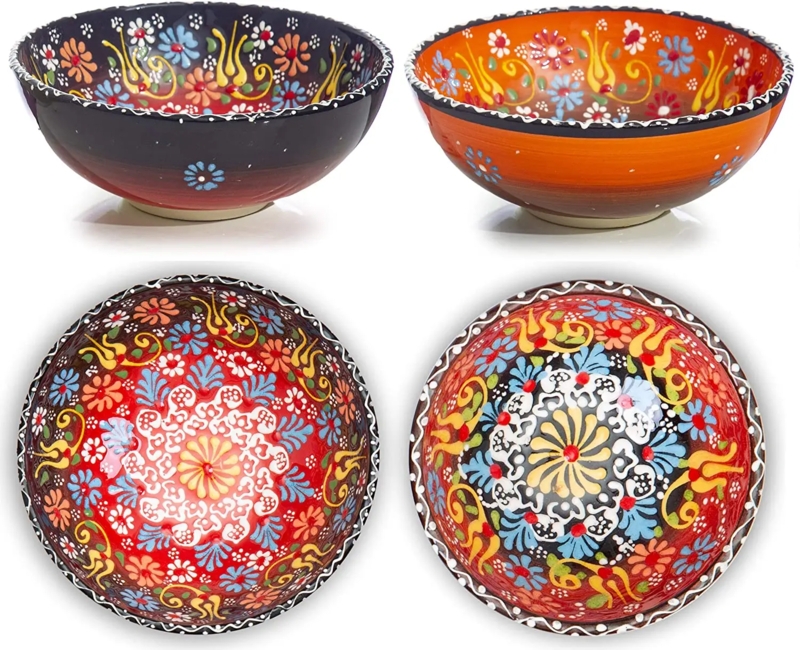 Ceramic Bowl Mandala Pattern Vibrant Palette Glossy Bohemian Set
