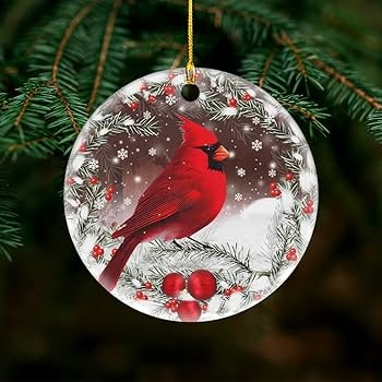 Ceramic Christmas Ornament Disc with Gold Ribbon Accent, Red Cardinal Bird