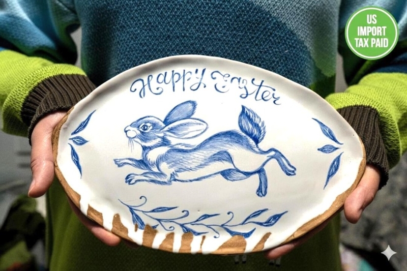 Ceramic Decorative Plate Scalloped Edge Hand-Painted Bunny Cottage